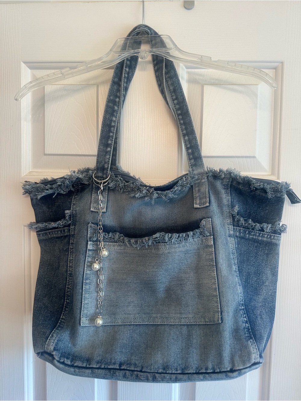 Denim Fringe Tote Bag with Pearl Charm - Blue